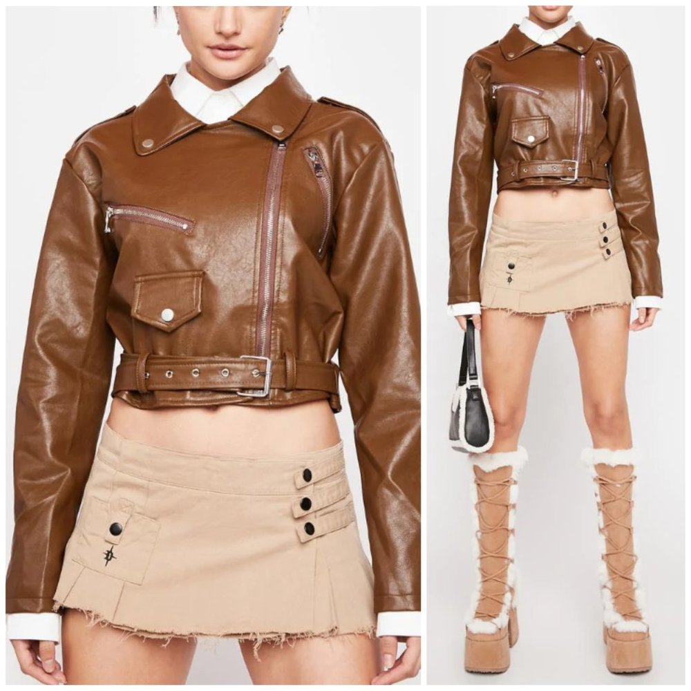 NWT Dolls Kill Vegan Collared Moto Jacket Brown Fall Festivals Outdoor Kawaii L